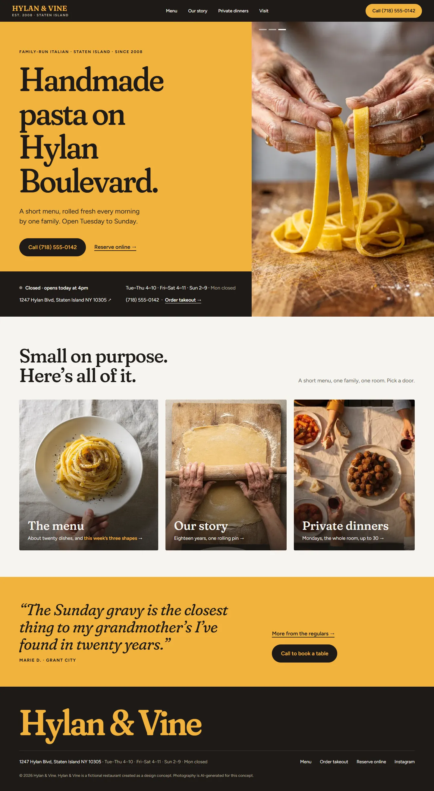 The Hylan & Vine homepage: a yellow field the colour of the pasta beside a photo of floured hands lifting pappardelle.