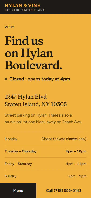 Hylan & Vine, Visit page on a phone