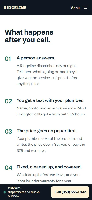 Ridgeline Plumbing & Drain, About page on a phone