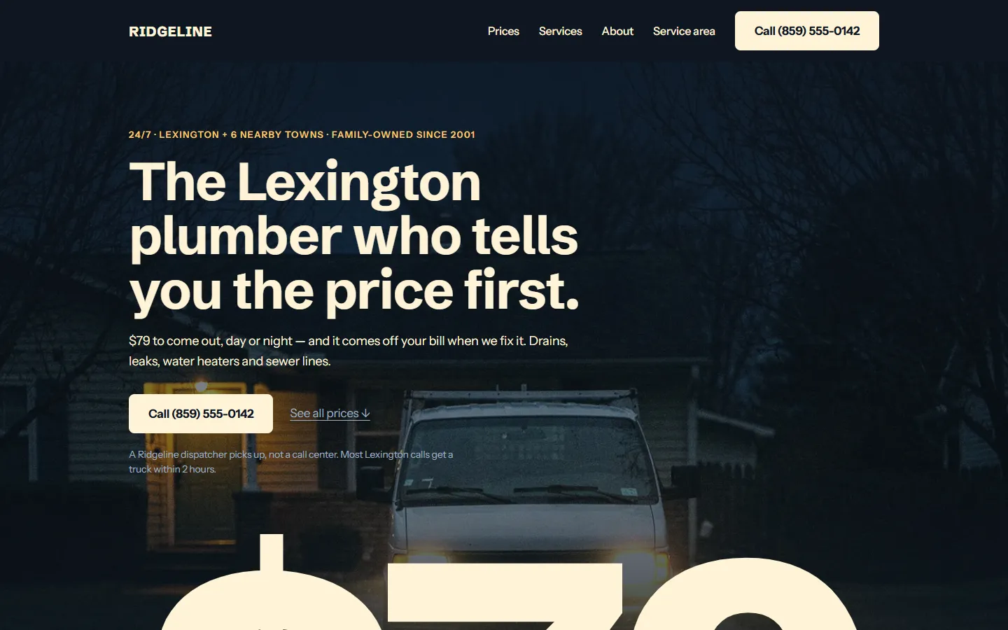 The Ridgeline homepage: a service van in a driveway at night, and $79 lit across the full width of the page.