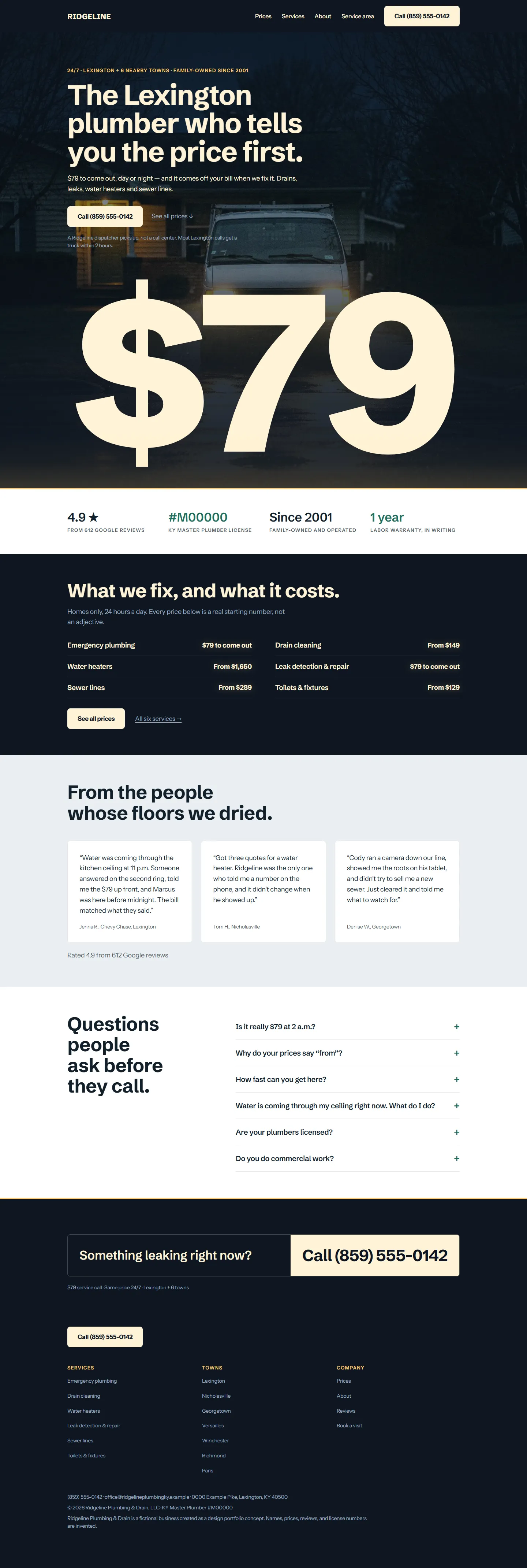 The Ridgeline homepage: a service van in a driveway at night, and $79 lit across the full width of the page.