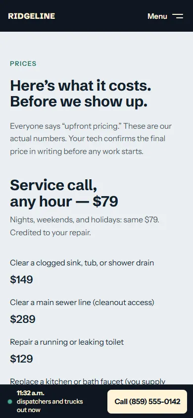 Ridgeline Plumbing & Drain, Prices page on a phone