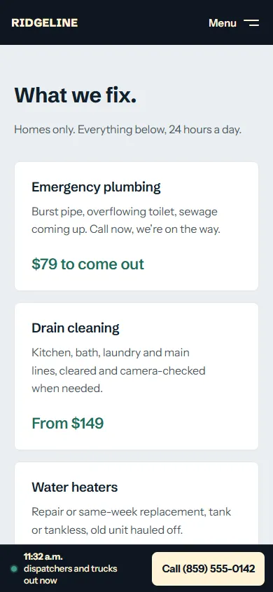 Ridgeline Plumbing & Drain, Services page on a phone